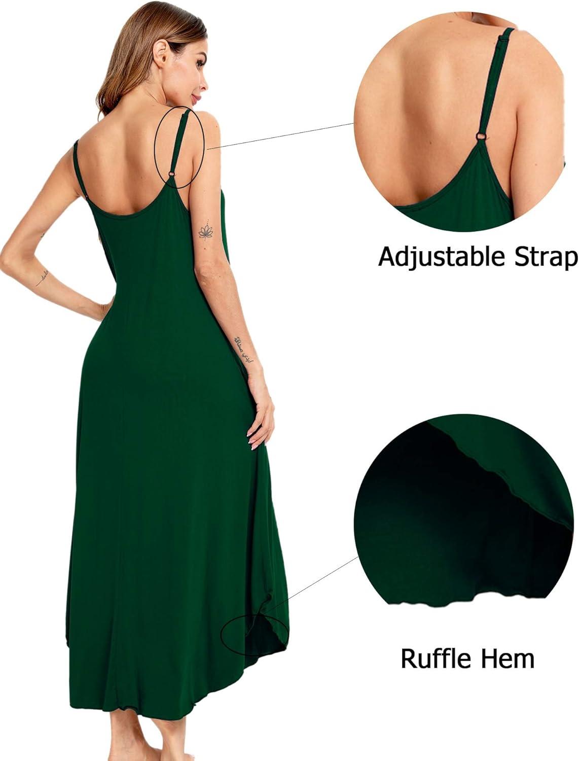 imageSWOMOG Women Long Nightgown Pajama Dress Soft Strap Nightdress Summer Sleeveless Nightshirt Lounge Dress with PocketsGreen