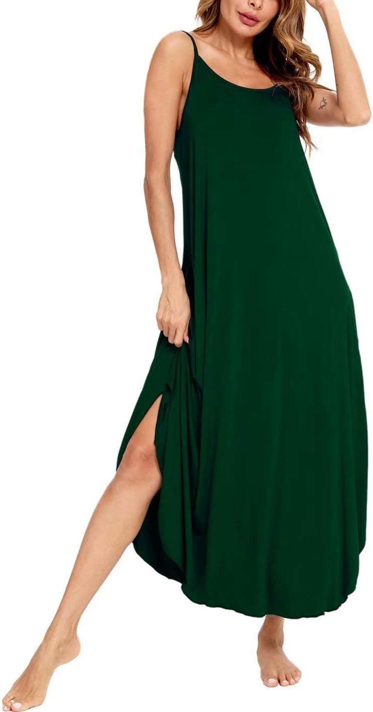 imageSWOMOG Women Long Nightgown Pajama Dress Soft Strap Nightdress Summer Sleeveless Nightshirt Lounge Dress with PocketsGreen