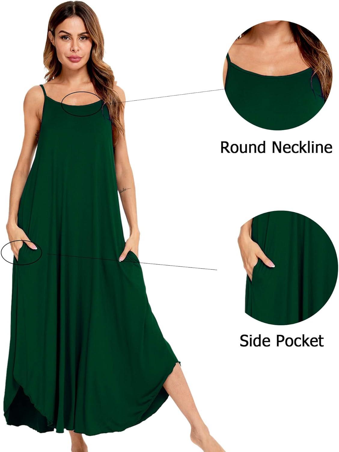 imageSWOMOG Women Long Nightgown Pajama Dress Soft Strap Nightdress Summer Sleeveless Nightshirt Lounge Dress with PocketsGreen