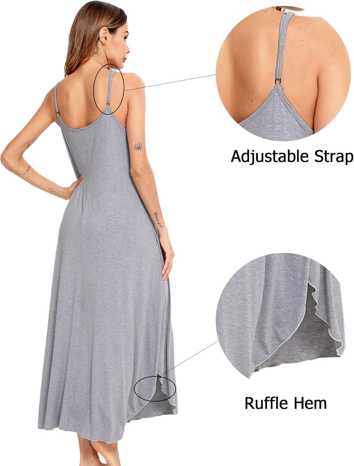 imageSWOMOG Women Long Nightgown Pajama Dress Soft Strap Nightdress Summer Sleeveless Nightshirt Lounge Dress with PocketsGrey