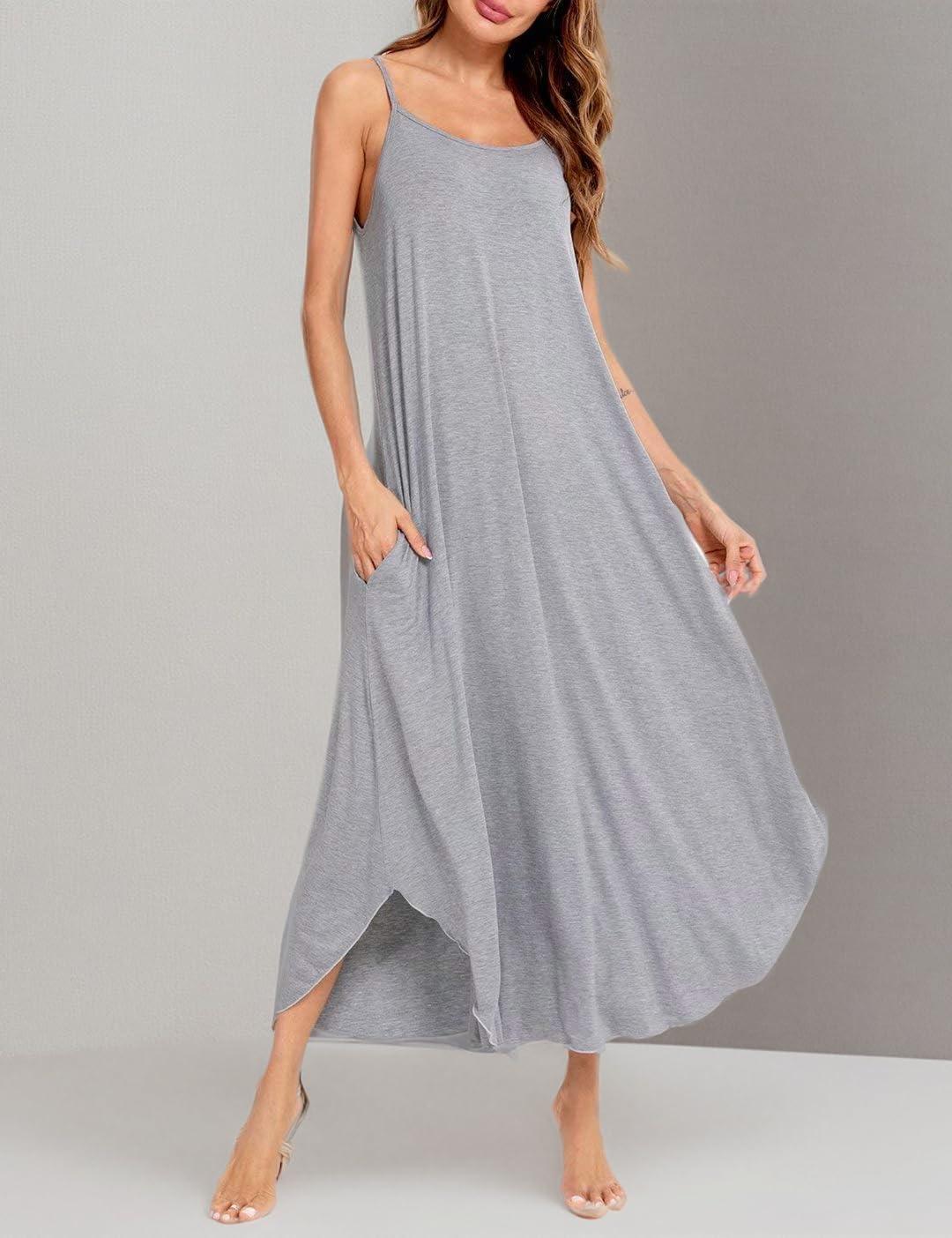 imageSWOMOG Women Long Nightgown Pajama Dress Soft Strap Nightdress Summer Sleeveless Nightshirt Lounge Dress with PocketsGrey