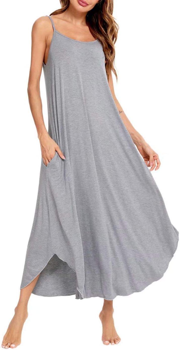imageSWOMOG Women Long Nightgown Pajama Dress Soft Strap Nightdress Summer Sleeveless Nightshirt Lounge Dress with PocketsGrey