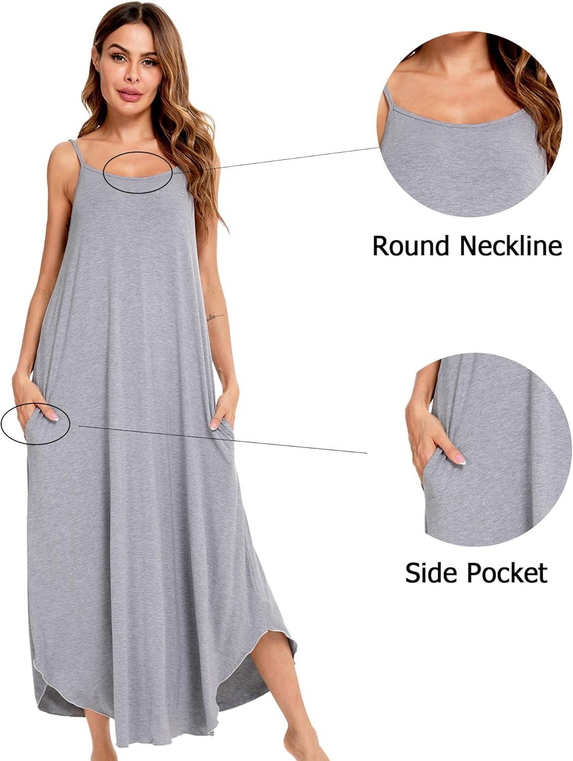 imageSWOMOG Women Long Nightgown Pajama Dress Soft Strap Nightdress Summer Sleeveless Nightshirt Lounge Dress with PocketsGrey