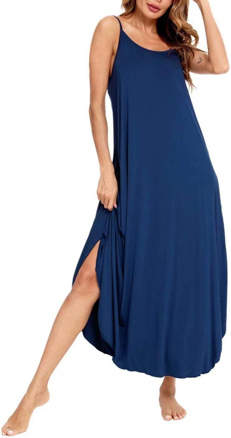 imageSWOMOG Women Long Nightgown Pajama Dress Soft Strap Nightdress Summer Sleeveless Nightshirt Lounge Dress with PocketsNavy Blue