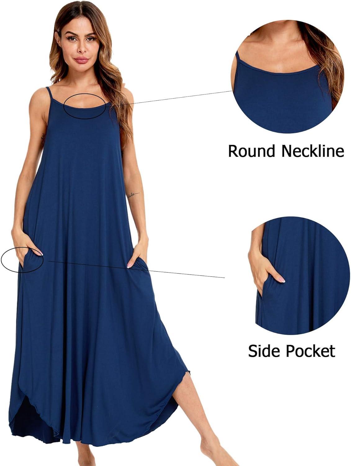 imageSWOMOG Women Long Nightgown Pajama Dress Soft Strap Nightdress Summer Sleeveless Nightshirt Lounge Dress with PocketsNavy Blue