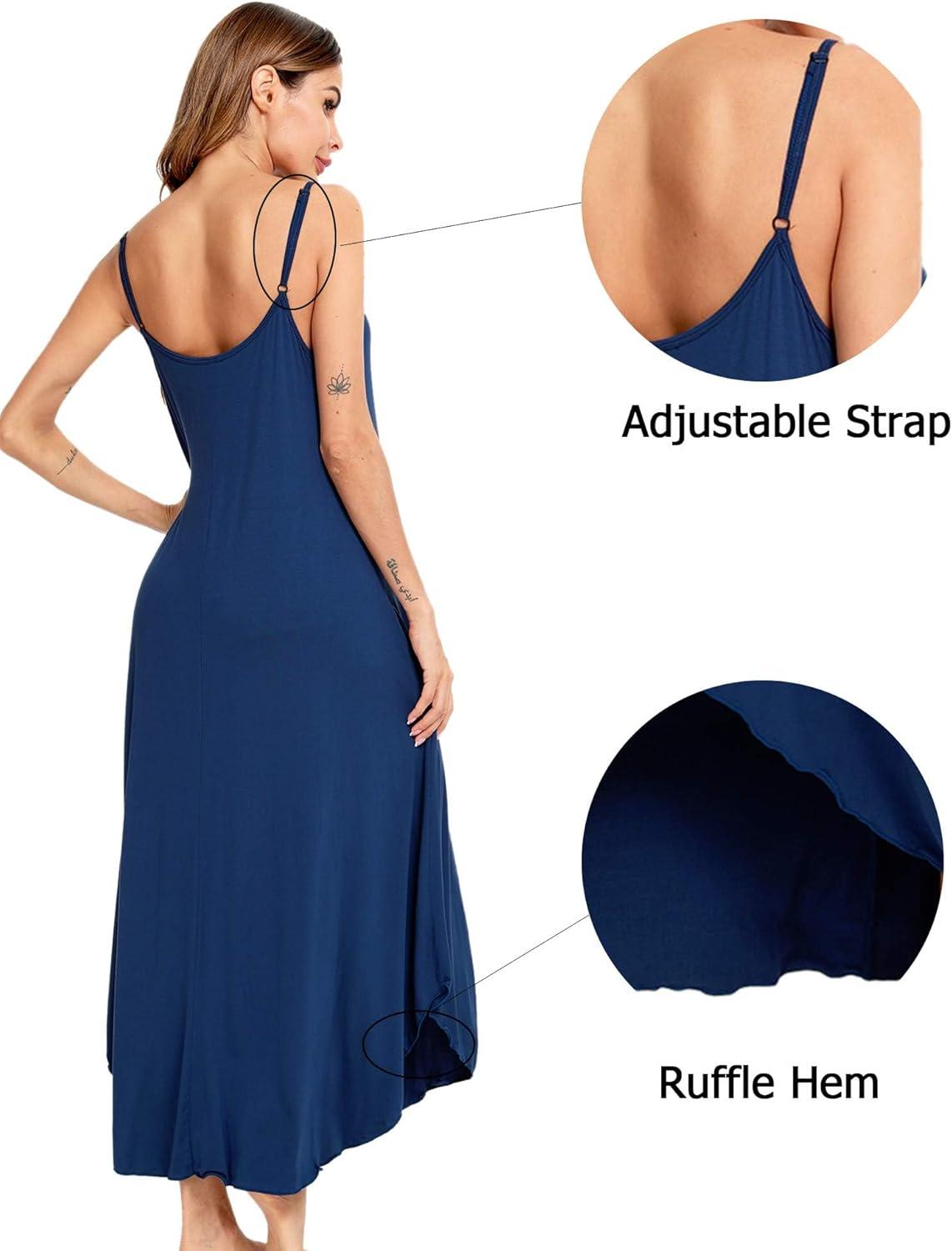 imageSWOMOG Women Long Nightgown Pajama Dress Soft Strap Nightdress Summer Sleeveless Nightshirt Lounge Dress with PocketsNavy Blue