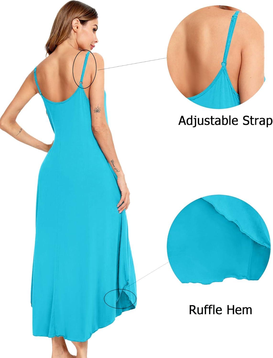 imageSWOMOG Women Long Nightgown Pajama Dress Soft Strap Nightdress Summer Sleeveless Nightshirt Lounge Dress with PocketsPeacock Blue