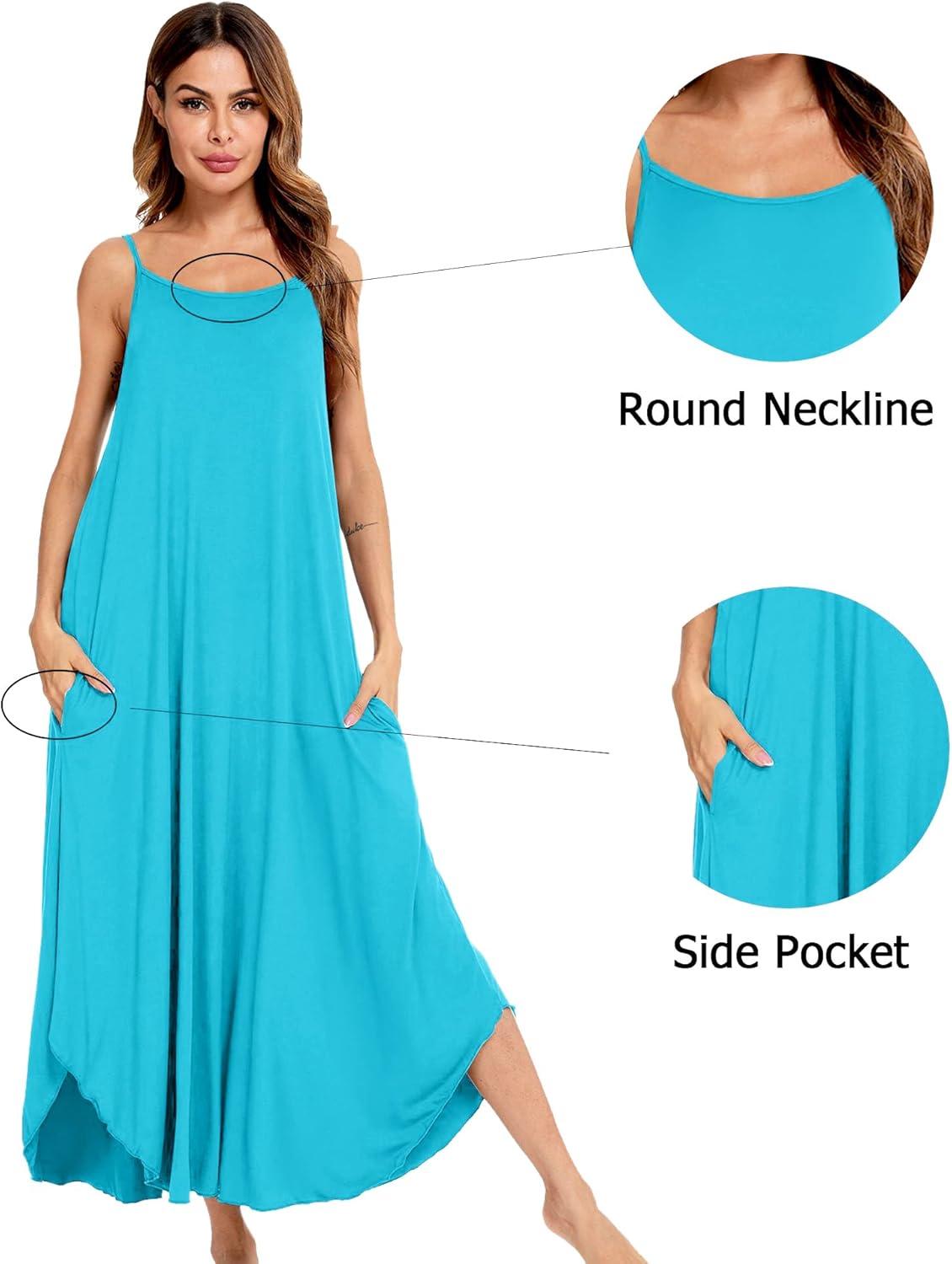 imageSWOMOG Women Long Nightgown Pajama Dress Soft Strap Nightdress Summer Sleeveless Nightshirt Lounge Dress with PocketsPeacock Blue