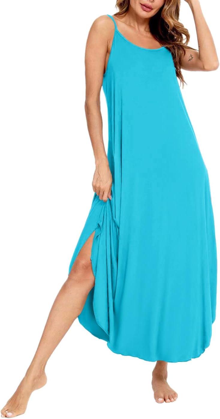 imageSWOMOG Women Long Nightgown Pajama Dress Soft Strap Nightdress Summer Sleeveless Nightshirt Lounge Dress with PocketsPeacock Blue