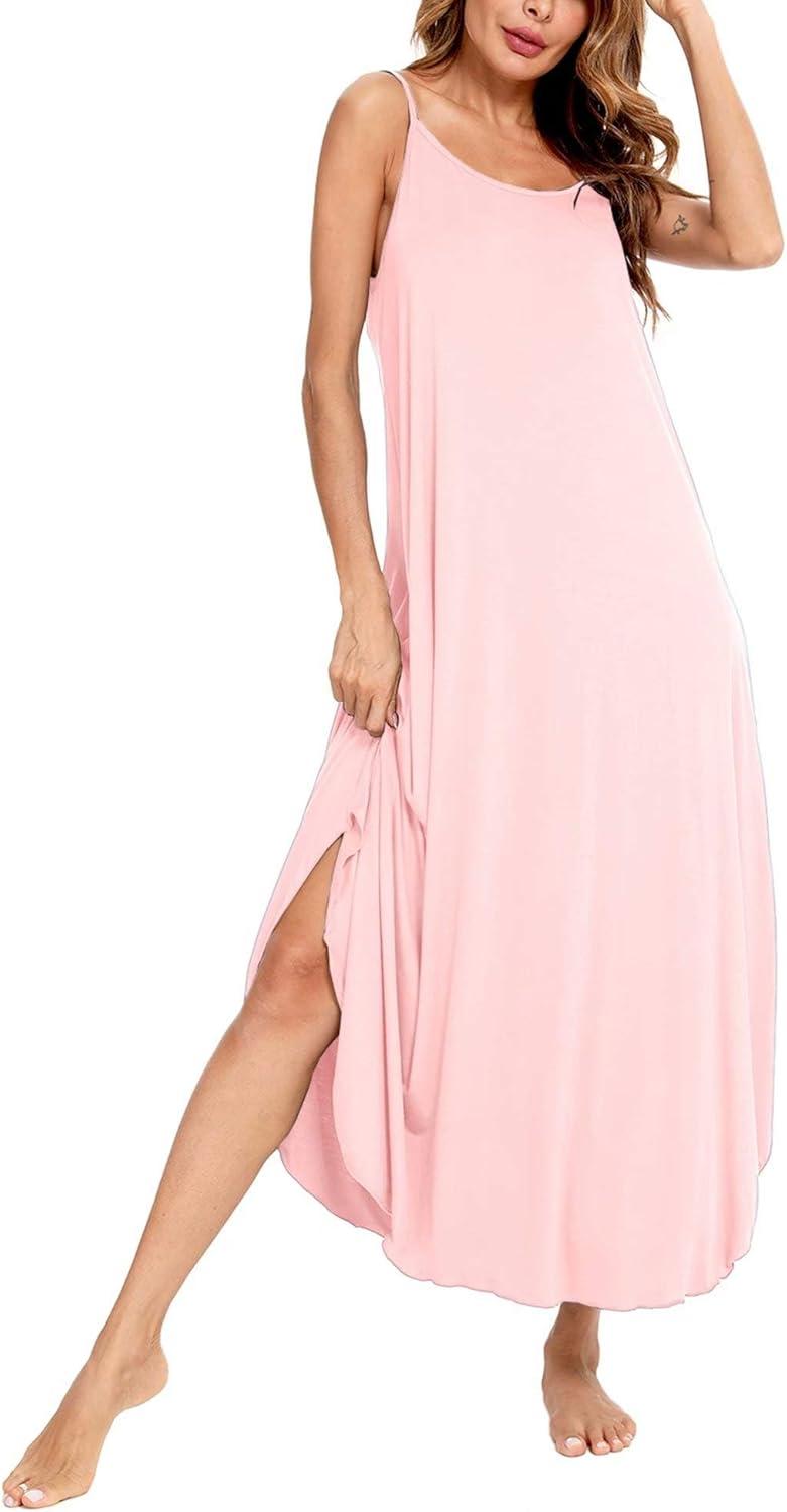 imageSWOMOG Women Long Nightgown Pajama Dress Soft Strap Nightdress Summer Sleeveless Nightshirt Lounge Dress with PocketsPink