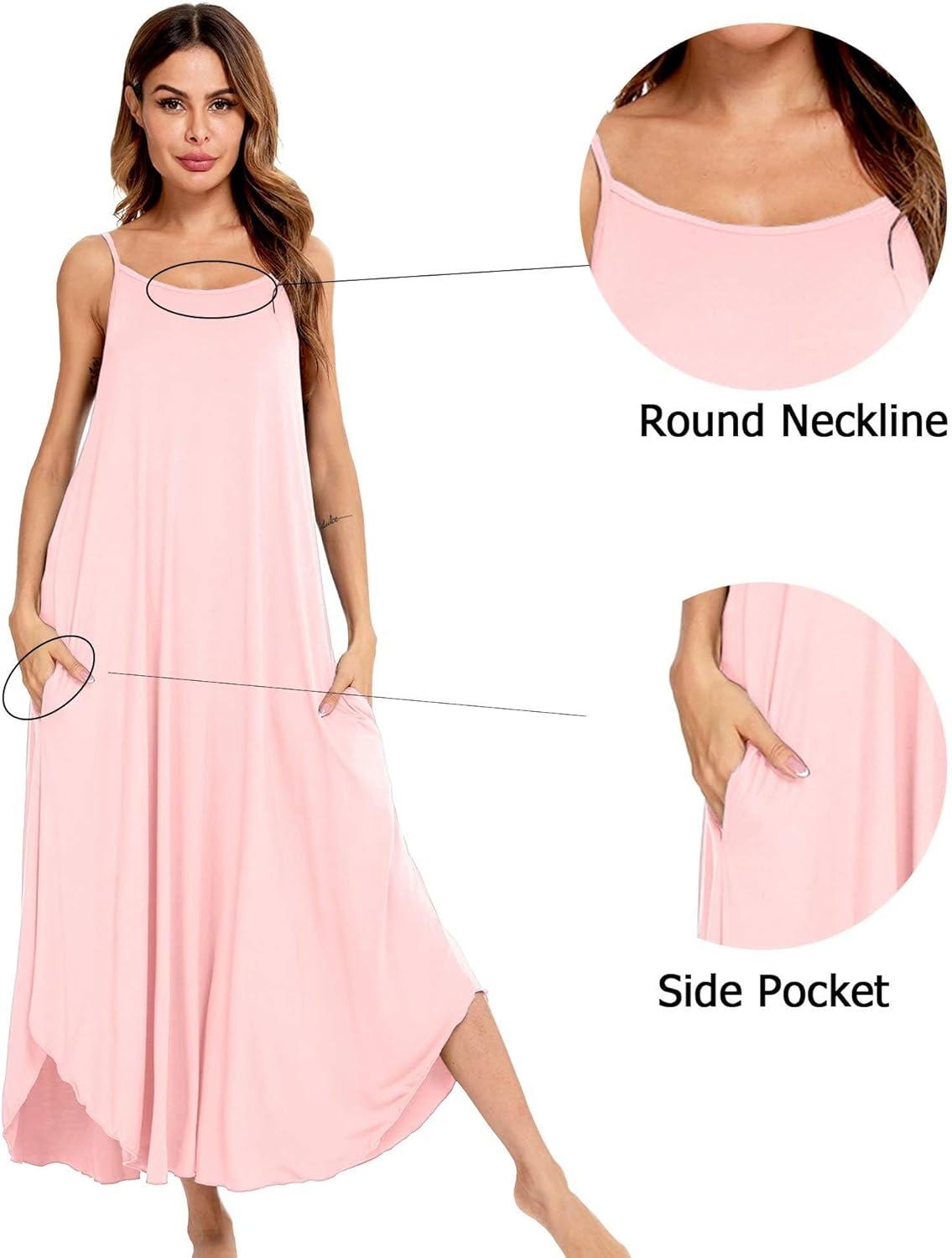 imageSWOMOG Women Long Nightgown Pajama Dress Soft Strap Nightdress Summer Sleeveless Nightshirt Lounge Dress with PocketsPink