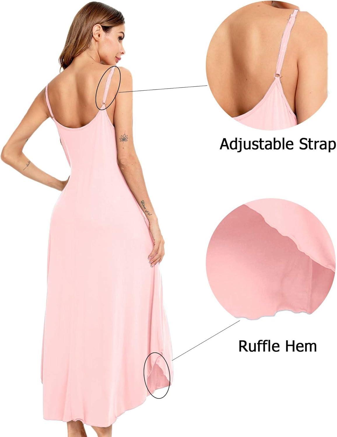 imageSWOMOG Women Long Nightgown Pajama Dress Soft Strap Nightdress Summer Sleeveless Nightshirt Lounge Dress with PocketsPink