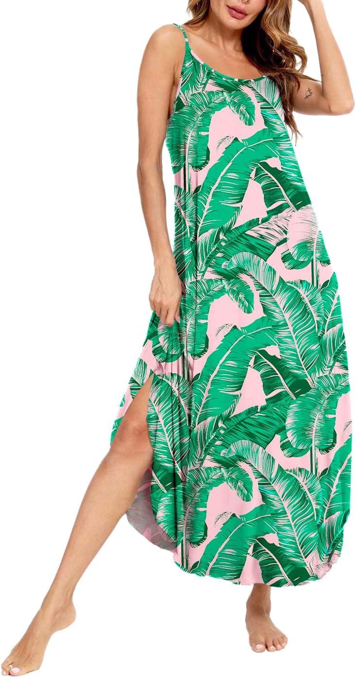 imageSWOMOG Women Long Nightgown Pajama Dress Soft Strap Nightdress Summer Sleeveless Nightshirt Lounge Dress with PocketsPink Leaves