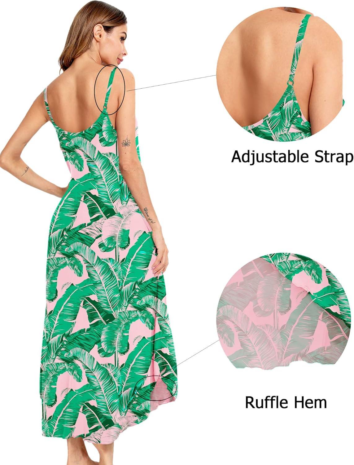 imageSWOMOG Women Long Nightgown Pajama Dress Soft Strap Nightdress Summer Sleeveless Nightshirt Lounge Dress with PocketsPink Leaves
