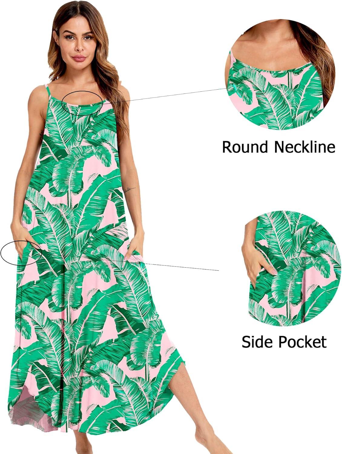 imageSWOMOG Women Long Nightgown Pajama Dress Soft Strap Nightdress Summer Sleeveless Nightshirt Lounge Dress with PocketsPink Leaves