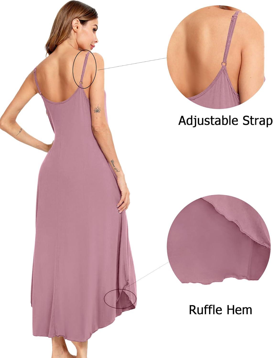 imageSWOMOG Women Long Nightgown Pajama Dress Soft Strap Nightdress Summer Sleeveless Nightshirt Lounge Dress with PocketsTaropurple