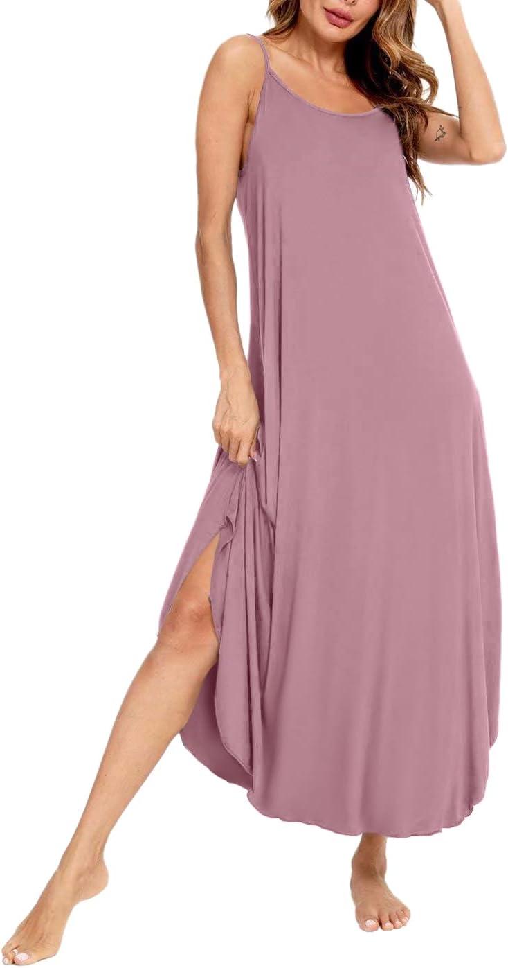 imageSWOMOG Women Long Nightgown Pajama Dress Soft Strap Nightdress Summer Sleeveless Nightshirt Lounge Dress with PocketsTaropurple