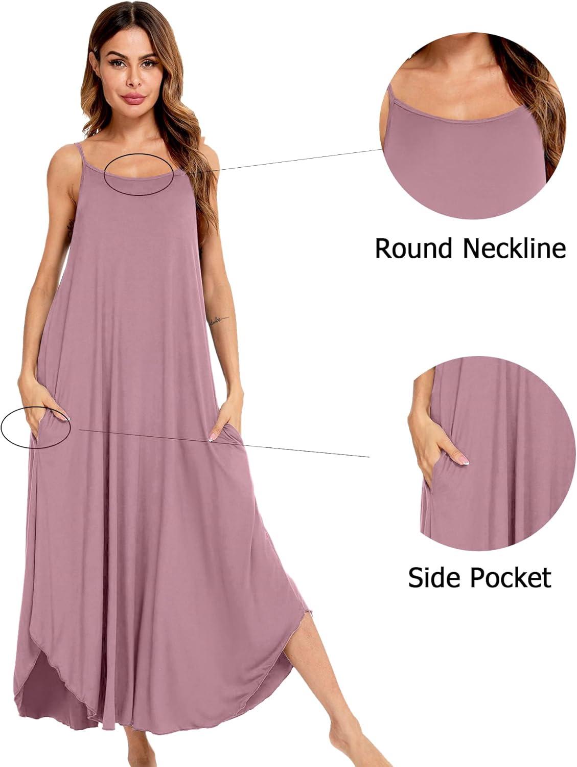 imageSWOMOG Women Long Nightgown Pajama Dress Soft Strap Nightdress Summer Sleeveless Nightshirt Lounge Dress with PocketsTaropurple