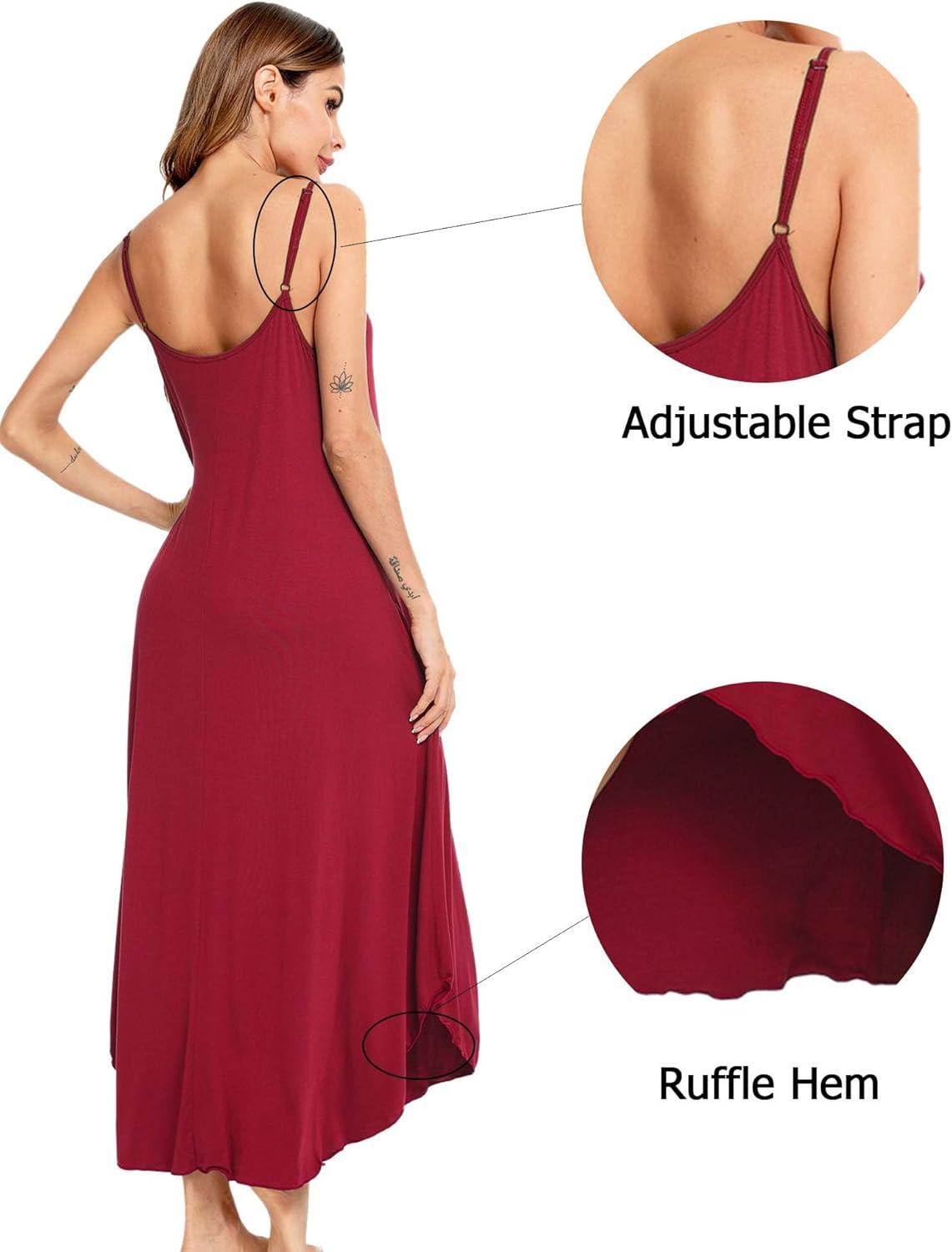 imageSWOMOG Women Long Nightgown Pajama Dress Soft Strap Nightdress Summer Sleeveless Nightshirt Lounge Dress with PocketsWine Red