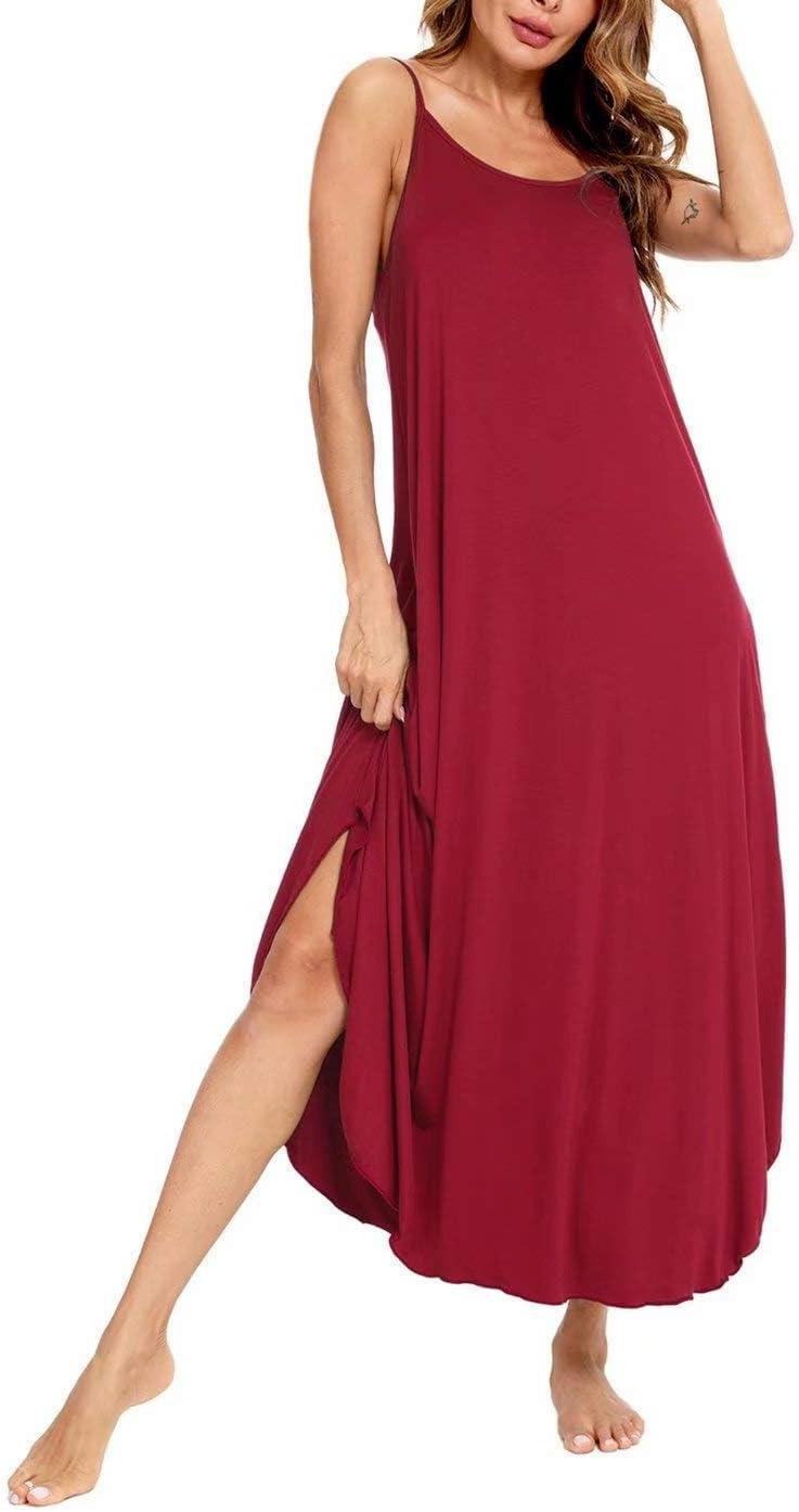 imageSWOMOG Women Long Nightgown Pajama Dress Soft Strap Nightdress Summer Sleeveless Nightshirt Lounge Dress with PocketsWine Red
