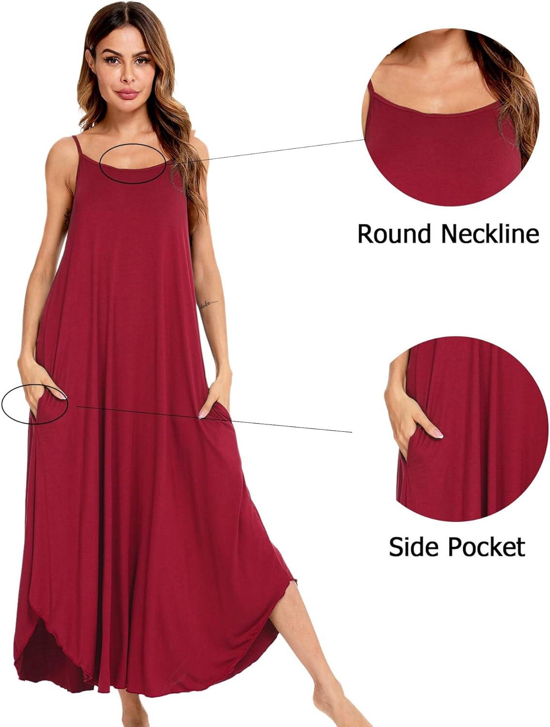 imageSWOMOG Women Long Nightgown Pajama Dress Soft Strap Nightdress Summer Sleeveless Nightshirt Lounge Dress with PocketsWine Red