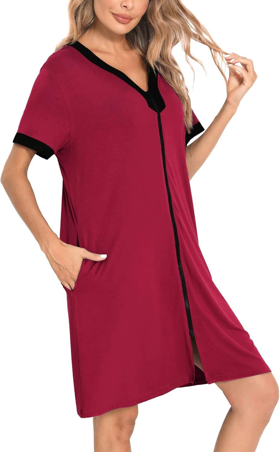 imageSWOMOG Women Zipper Front House Coat Short Sleeves Robe Zip up Bathrobes Short Nightgown with Pockets S3XLA Wine Red