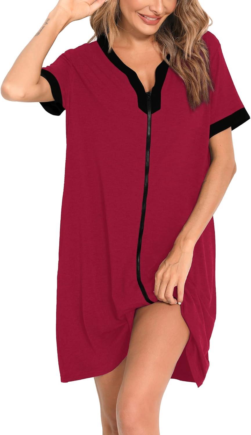 imageSWOMOG Women Zipper Front House Coat Short Sleeves Robe Zip up Bathrobes Short Nightgown with Pockets S3XLA Wine Red
