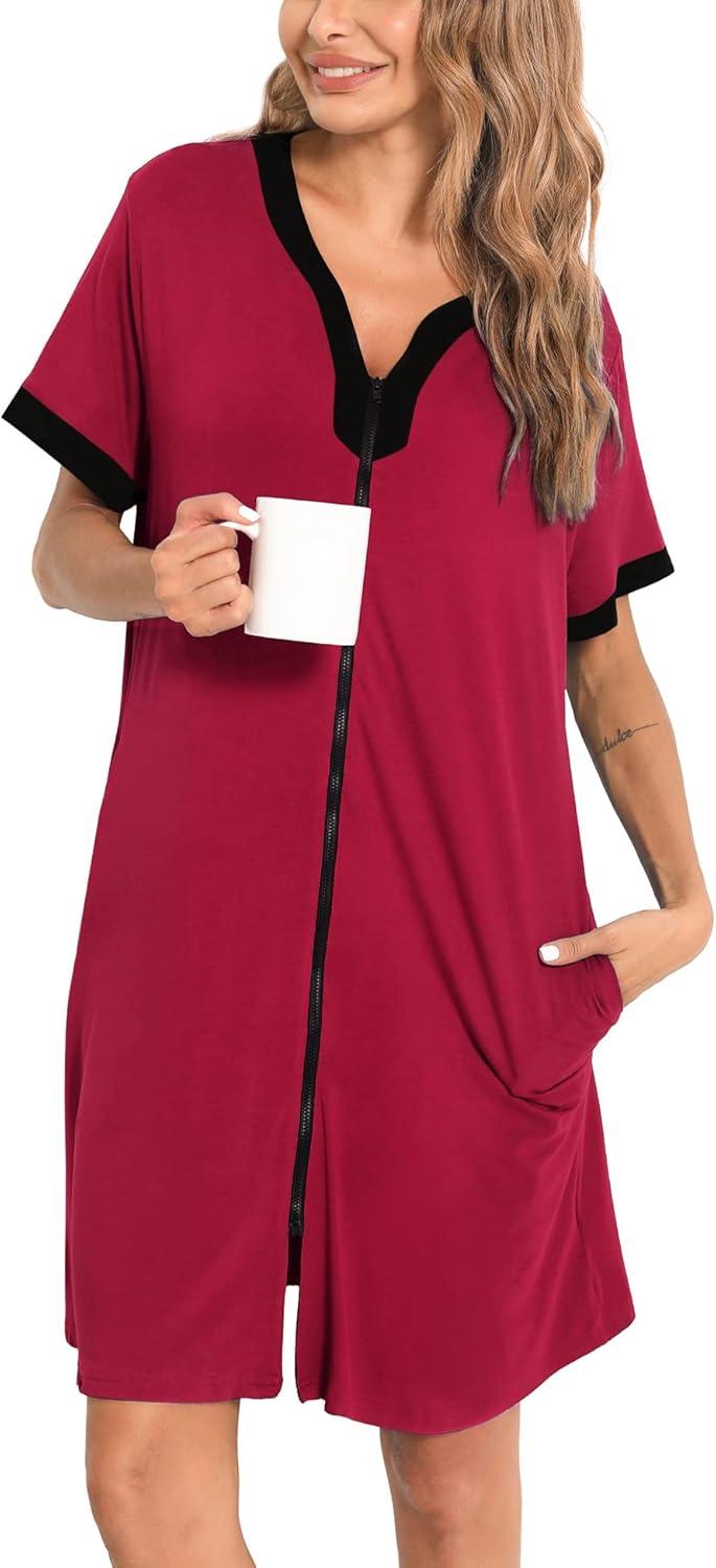 imageSWOMOG Women Zipper Front House Coat Short Sleeves Robe Zip up Bathrobes Short Nightgown with Pockets S3XLA Wine Red