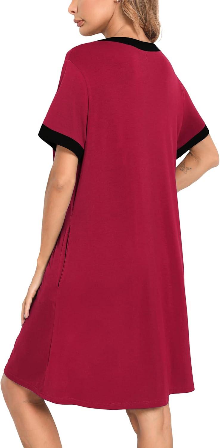 imageSWOMOG Women Zipper Front House Coat Short Sleeves Robe Zip up Bathrobes Short Nightgown with Pockets S3XLA Wine Red