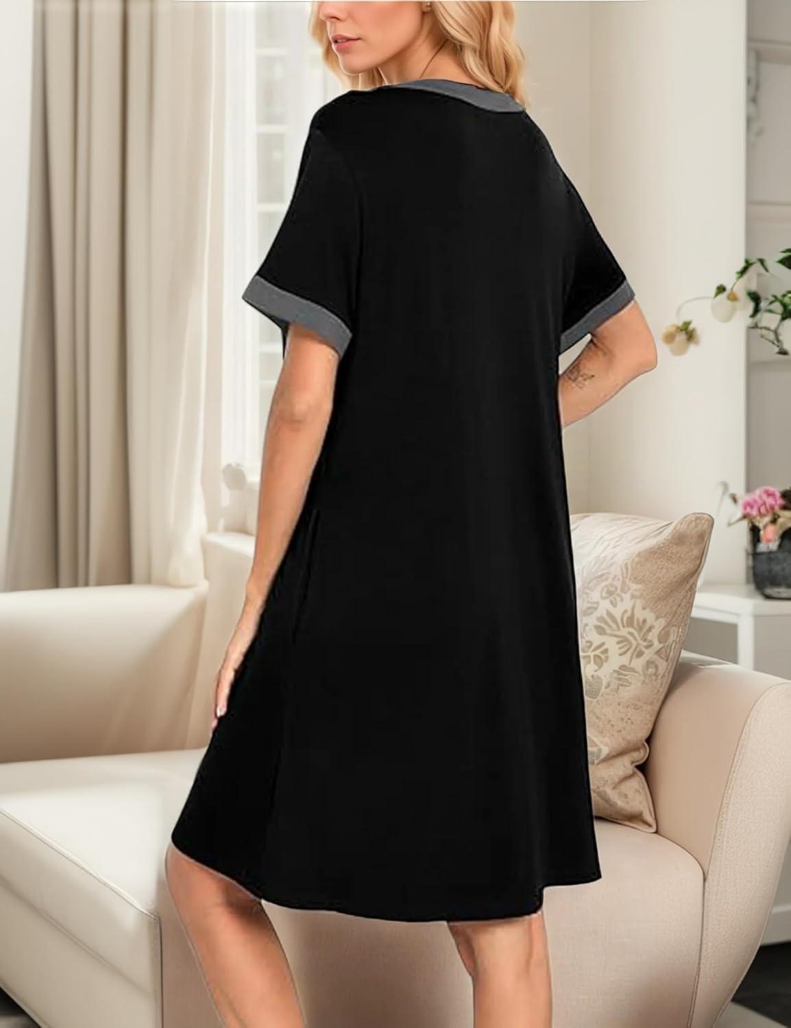 imageSWOMOG Women Zipper Front House Coat Short Sleeves Robe Zip up Bathrobes Short Nightgown with Pockets S3XLBlack