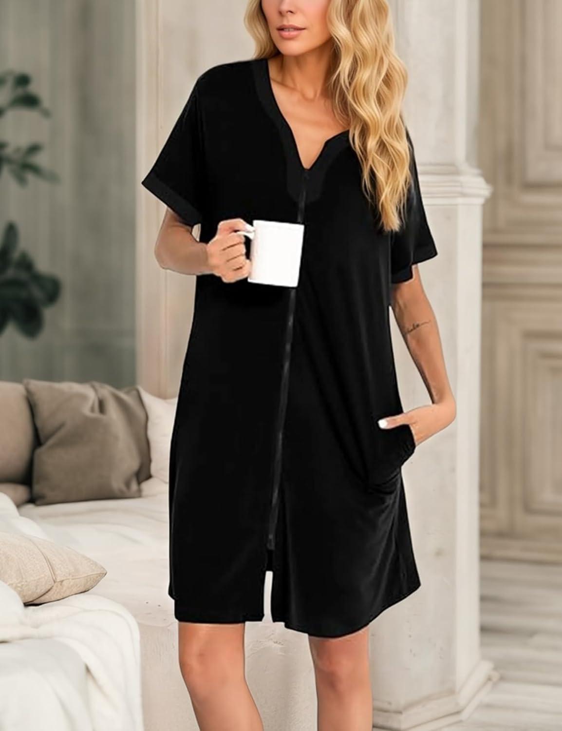 imageSWOMOG Women Zipper Front House Coat Short Sleeves Robe Zip up Bathrobes Short Nightgown with Pockets S3XLBlack