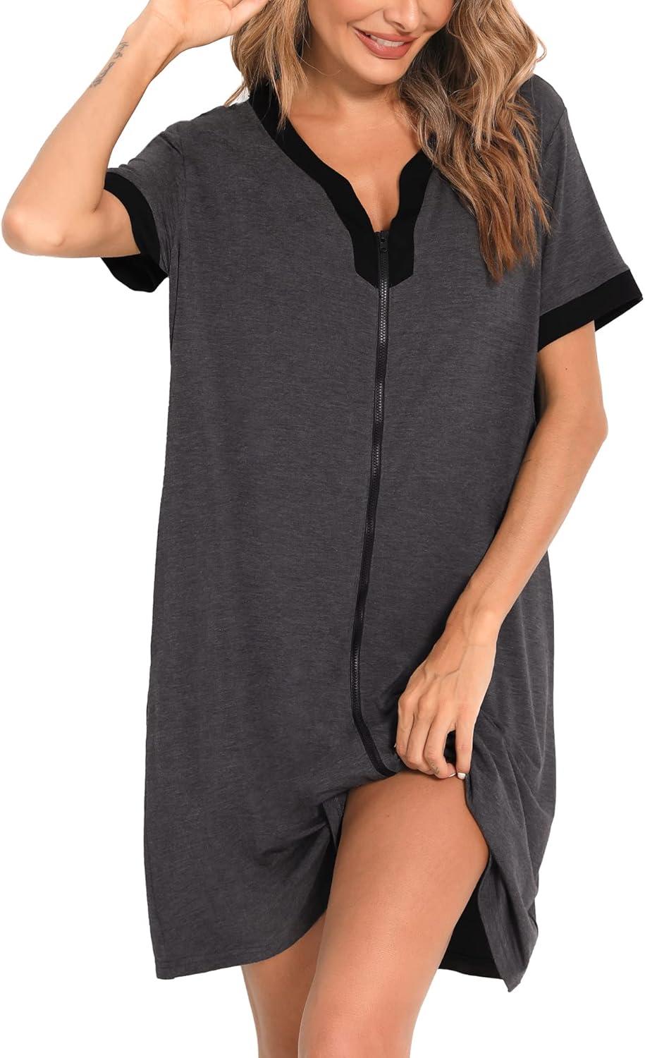 imageSWOMOG Women Zipper Front House Coat Short Sleeves Robe Zip up Bathrobes Short Nightgown with Pockets S3XLDeep Grey