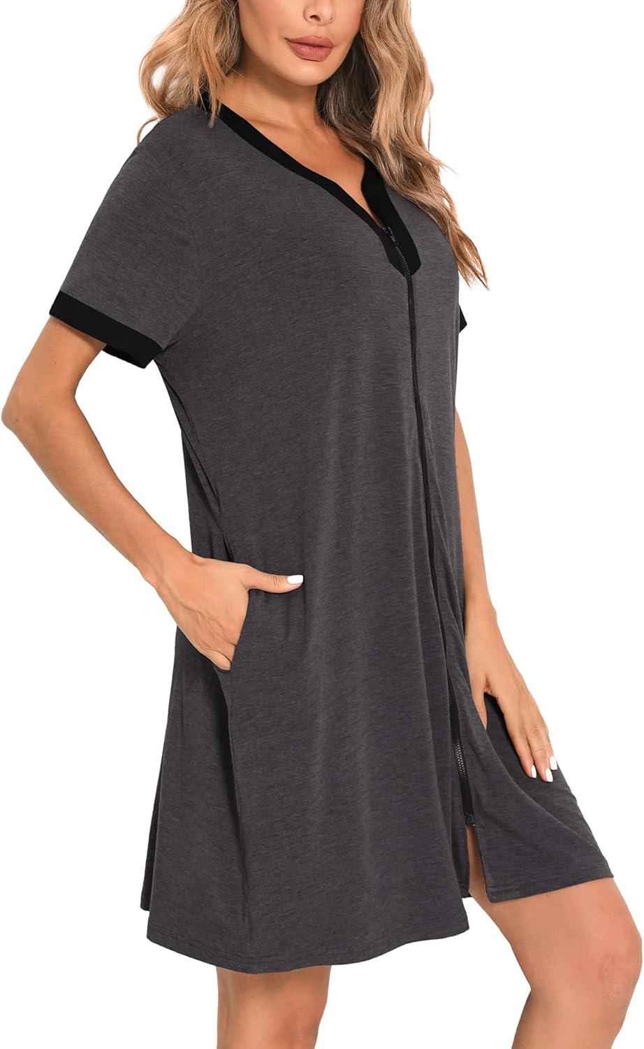 imageSWOMOG Women Zipper Front House Coat Short Sleeves Robe Zip up Bathrobes Short Nightgown with Pockets S3XLDeep Grey