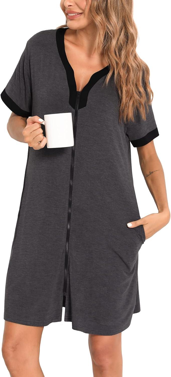 imageSWOMOG Women Zipper Front House Coat Short Sleeves Robe Zip up Bathrobes Short Nightgown with Pockets S3XLDeep Grey