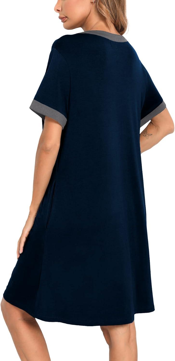 imageSWOMOG Women Zipper Front House Coat Short Sleeves Robe Zip up Bathrobes Short Nightgown with Pockets S3XLDeep Navy Blue