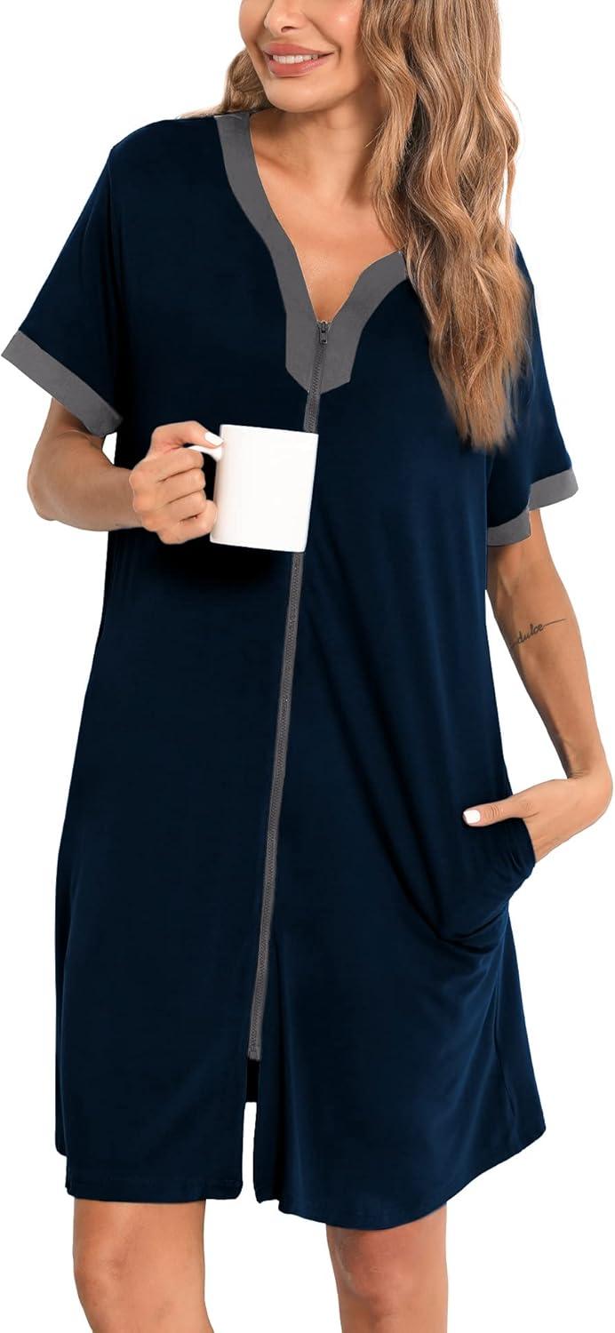 imageSWOMOG Women Zipper Front House Coat Short Sleeves Robe Zip up Bathrobes Short Nightgown with Pockets S3XLDeep Navy Blue