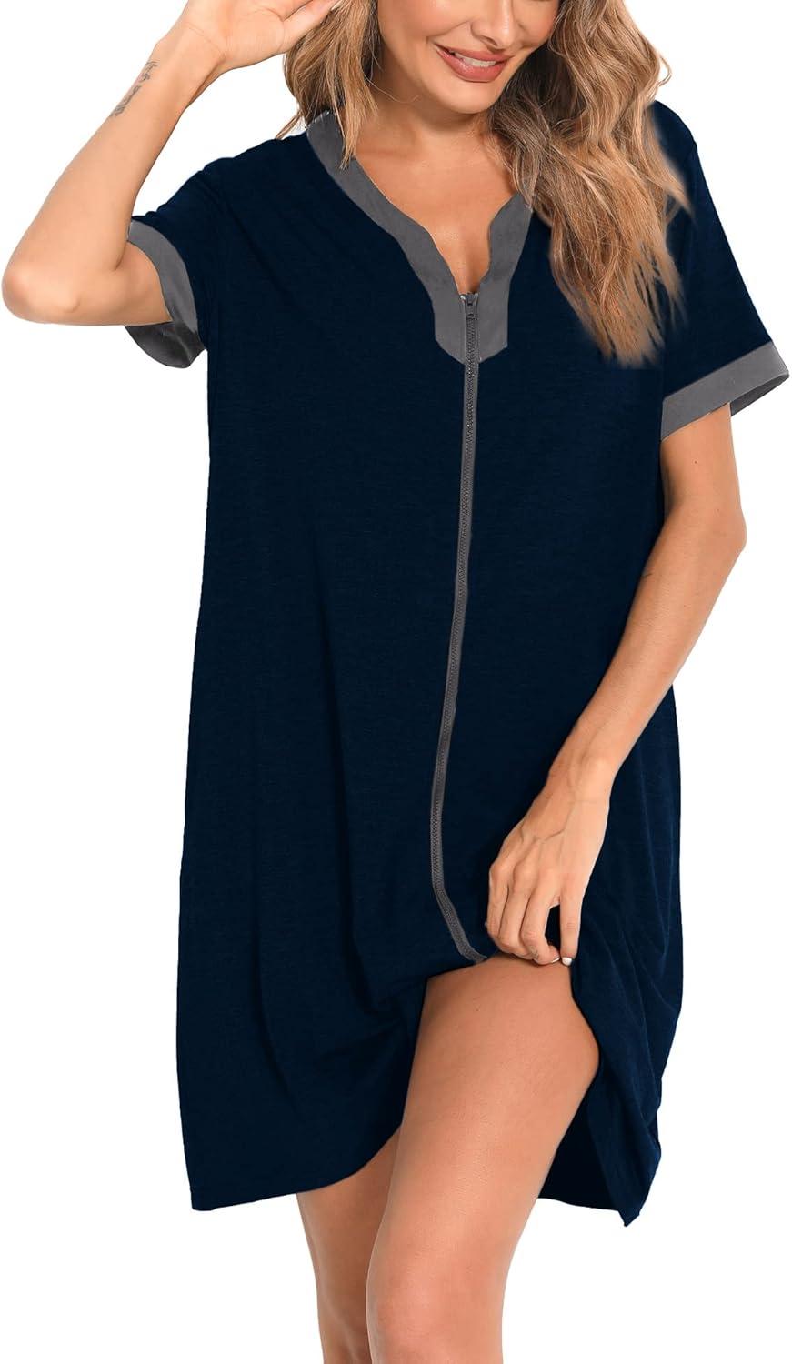imageSWOMOG Women Zipper Front House Coat Short Sleeves Robe Zip up Bathrobes Short Nightgown with Pockets S3XLDeep Navy Blue