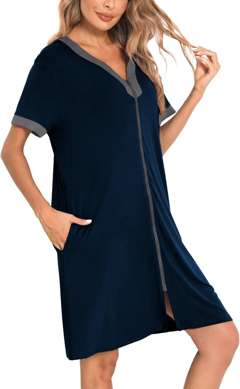imageSWOMOG Women Zipper Front House Coat Short Sleeves Robe Zip up Bathrobes Short Nightgown with Pockets S3XLDeep Navy Blue