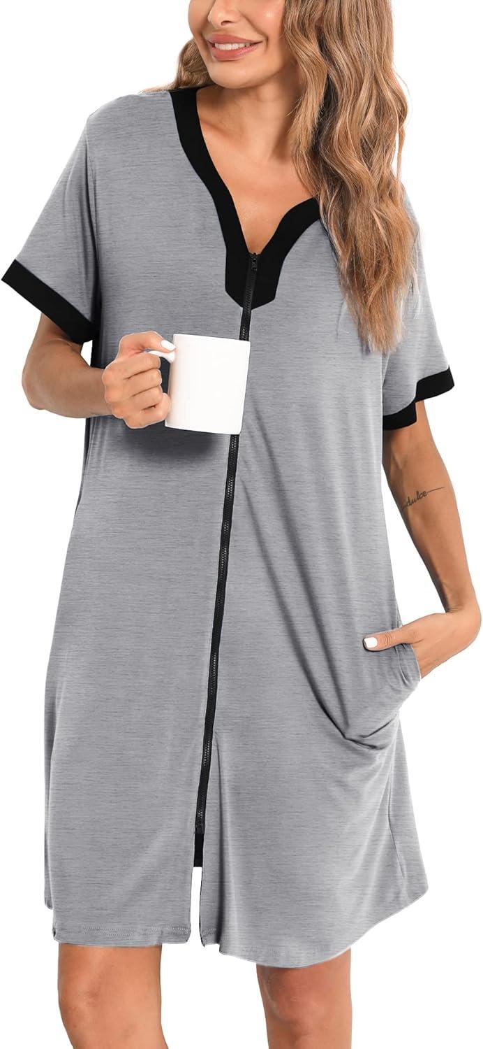 imageSWOMOG Women Zipper Front House Coat Short Sleeves Robe Zip up Bathrobes Short Nightgown with Pockets S3XLGrey