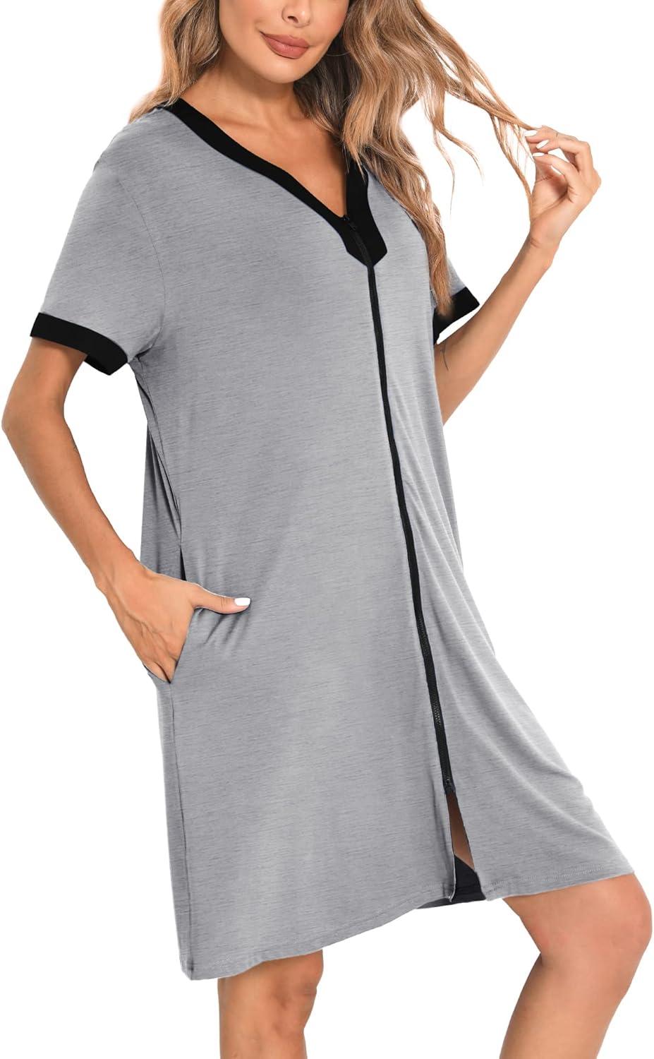 imageSWOMOG Women Zipper Front House Coat Short Sleeves Robe Zip up Bathrobes Short Nightgown with Pockets S3XLGrey