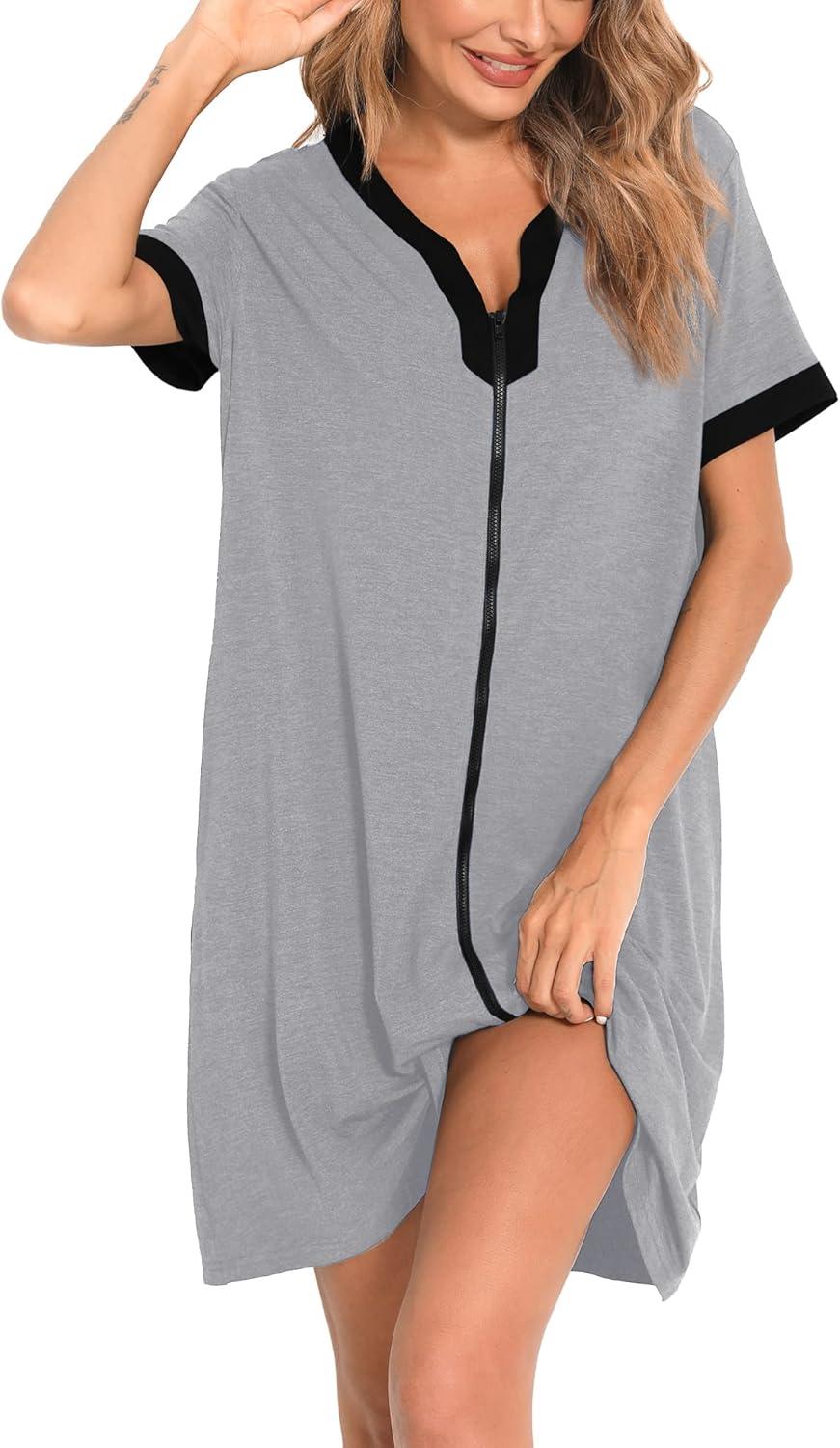 imageSWOMOG Women Zipper Front House Coat Short Sleeves Robe Zip up Bathrobes Short Nightgown with Pockets S3XLGrey