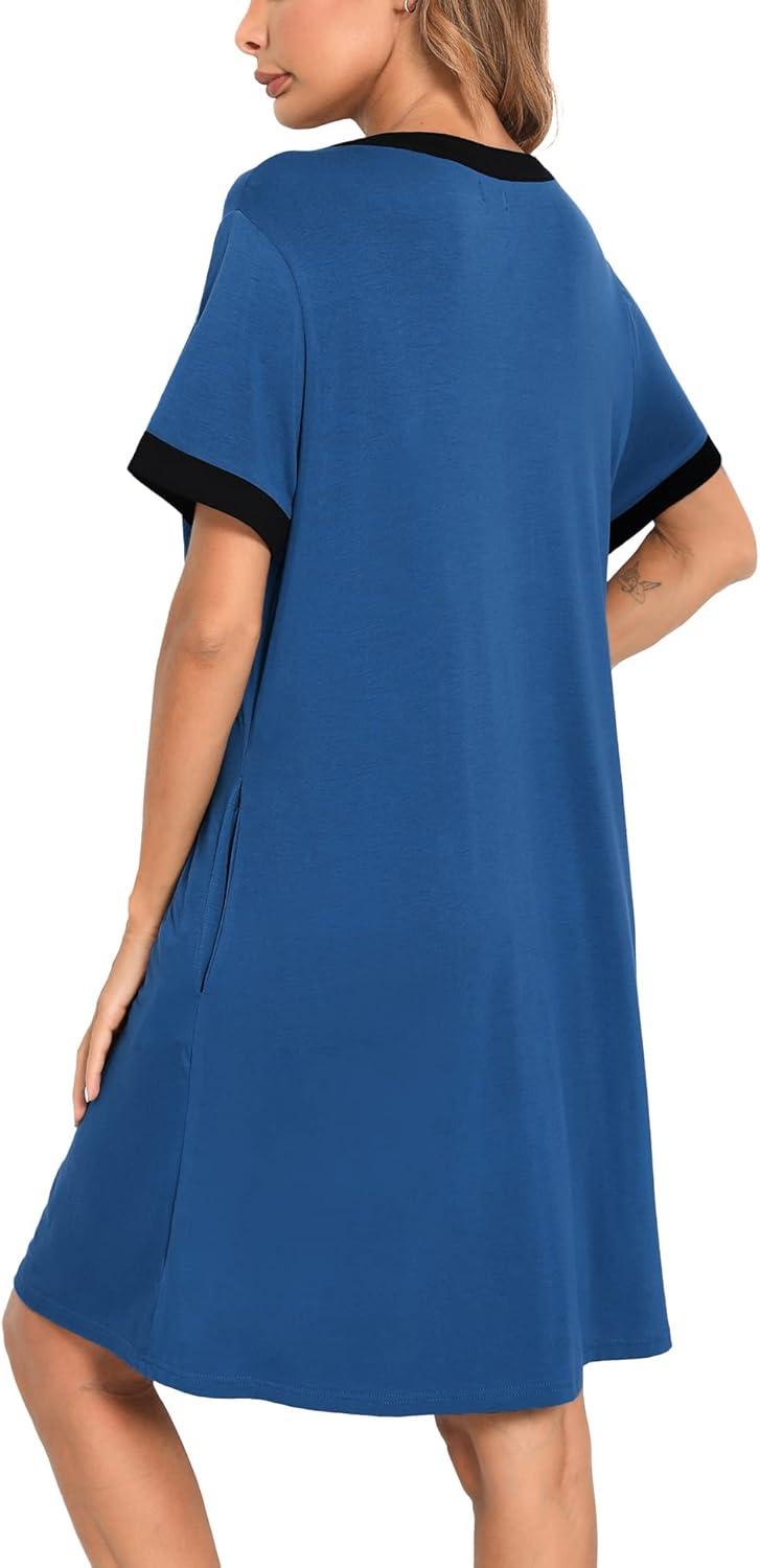 imageSWOMOG Women Zipper Front House Coat Short Sleeves Robe Zip up Bathrobes Short Nightgown with Pockets S3XLNavy