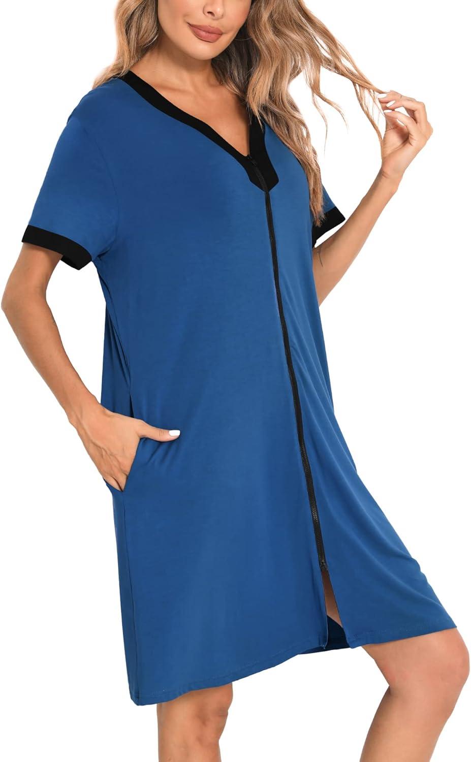 imageSWOMOG Women Zipper Front House Coat Short Sleeves Robe Zip up Bathrobes Short Nightgown with Pockets S3XLNavy