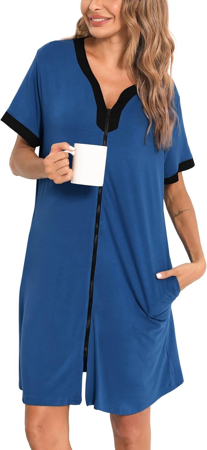 imageSWOMOG Women Zipper Front House Coat Short Sleeves Robe Zip up Bathrobes Short Nightgown with Pockets S3XLNavy