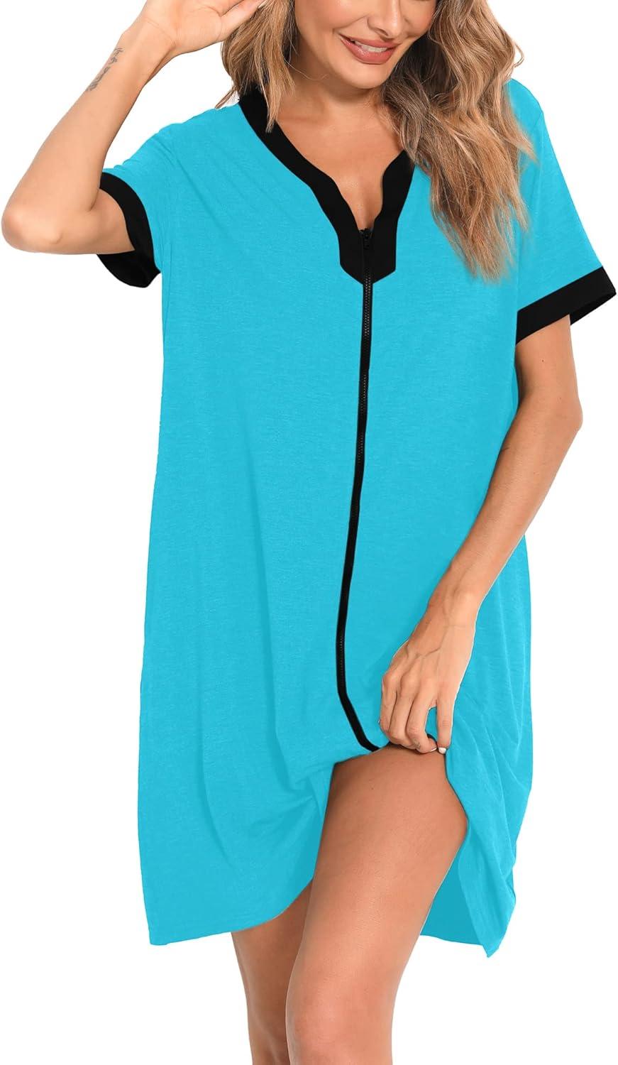 imageSWOMOG Women Zipper Front House Coat Short Sleeves Robe Zip up Bathrobes Short Nightgown with Pockets S3XLPeacock Blue
