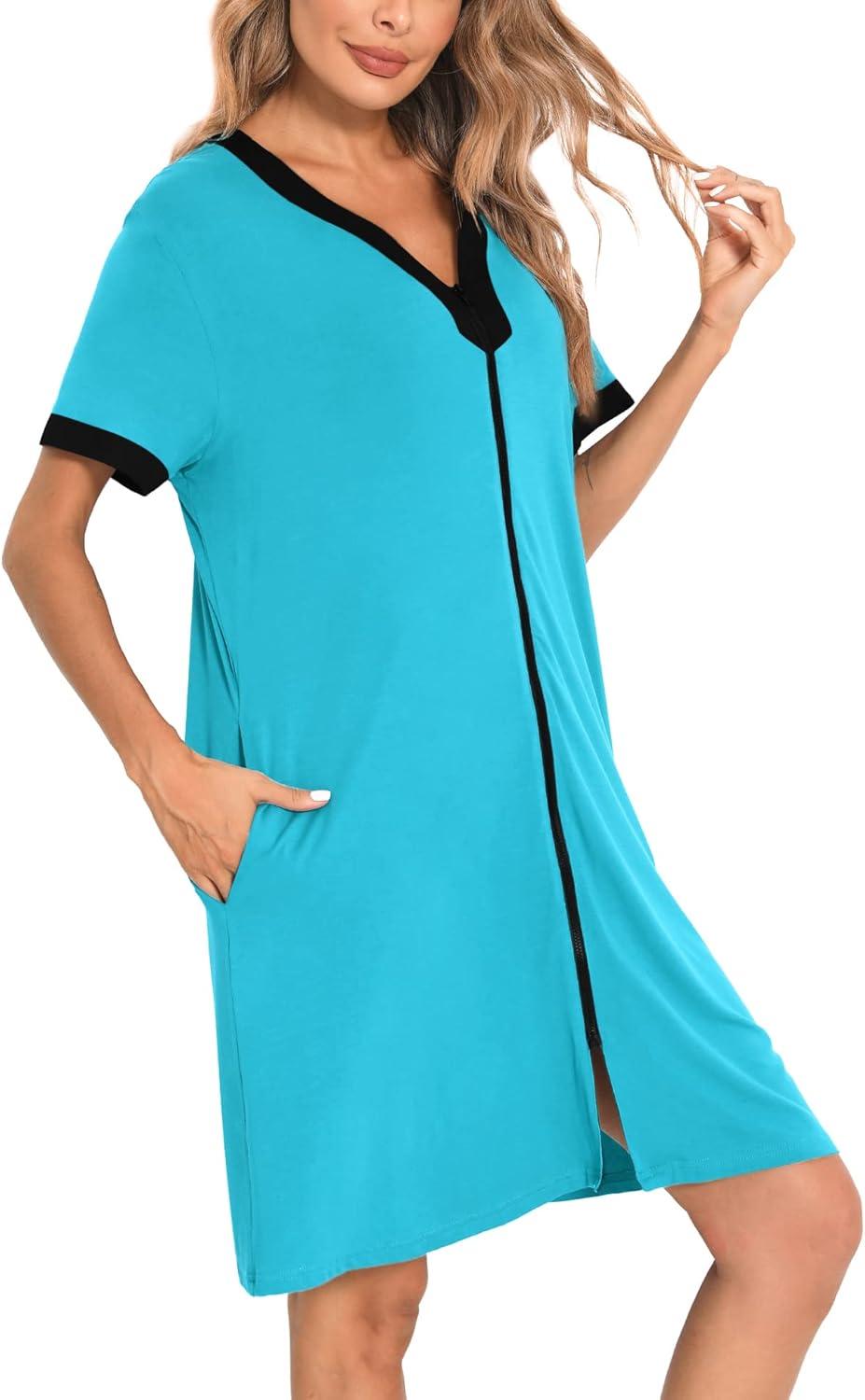 imageSWOMOG Women Zipper Front House Coat Short Sleeves Robe Zip up Bathrobes Short Nightgown with Pockets S3XLPeacock Blue