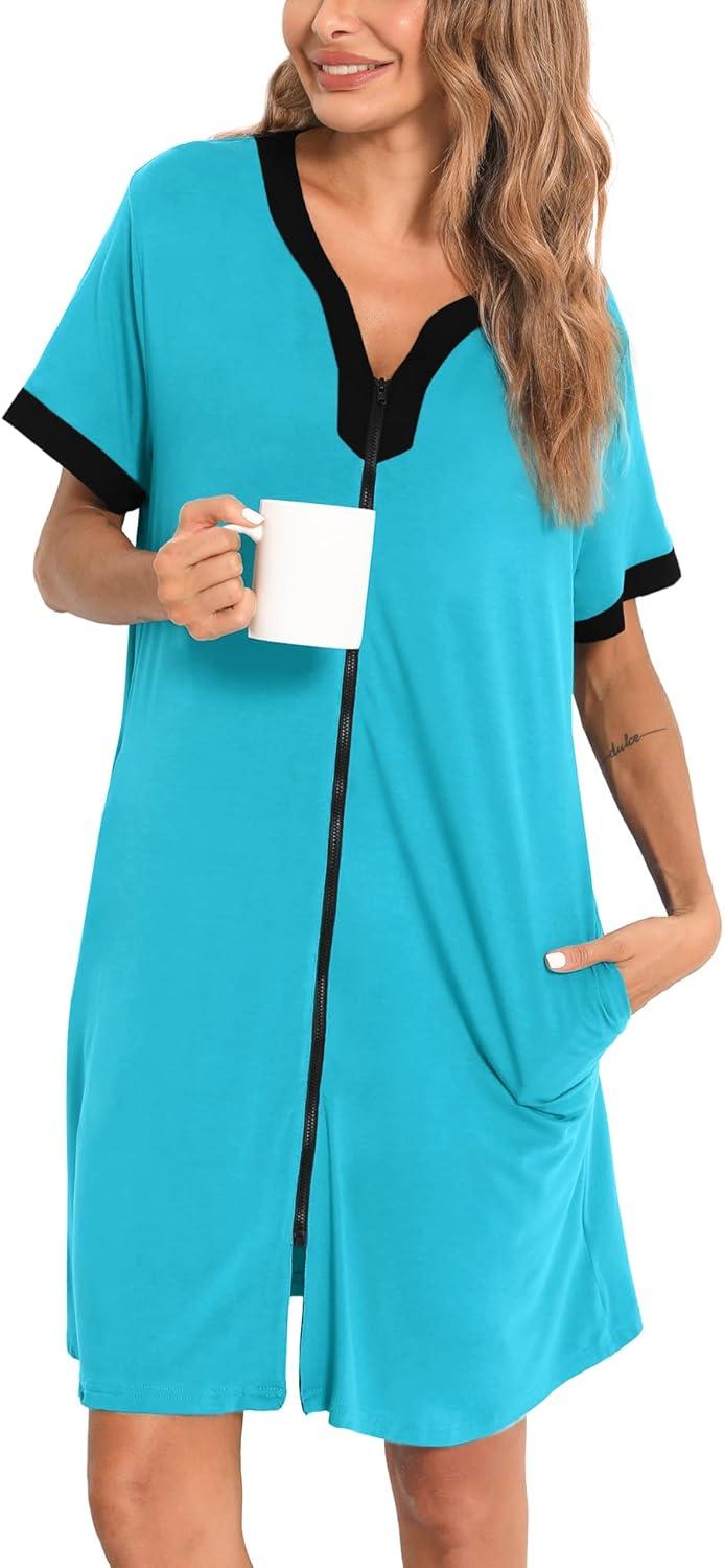 imageSWOMOG Women Zipper Front House Coat Short Sleeves Robe Zip up Bathrobes Short Nightgown with Pockets S3XLPeacock Blue