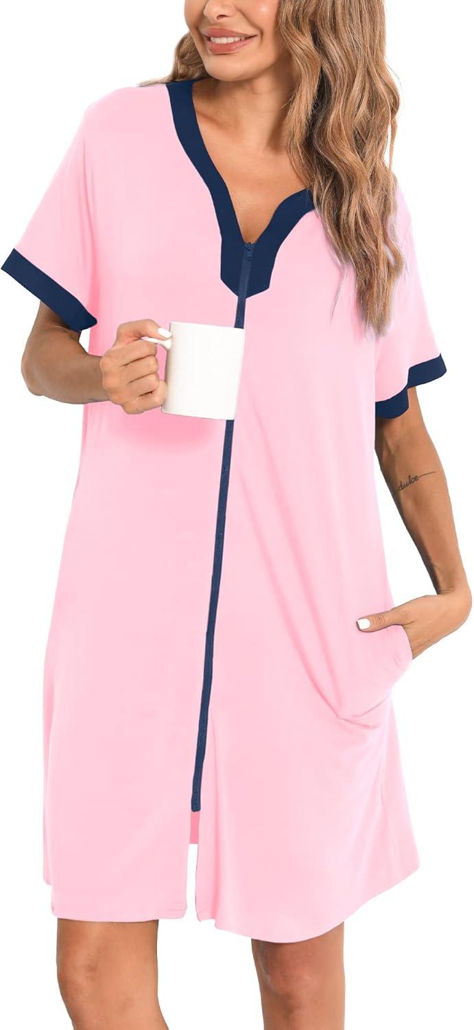 imageSWOMOG Women Zipper Front House Coat Short Sleeves Robe Zip up Bathrobes Short Nightgown with Pockets S3XLPink