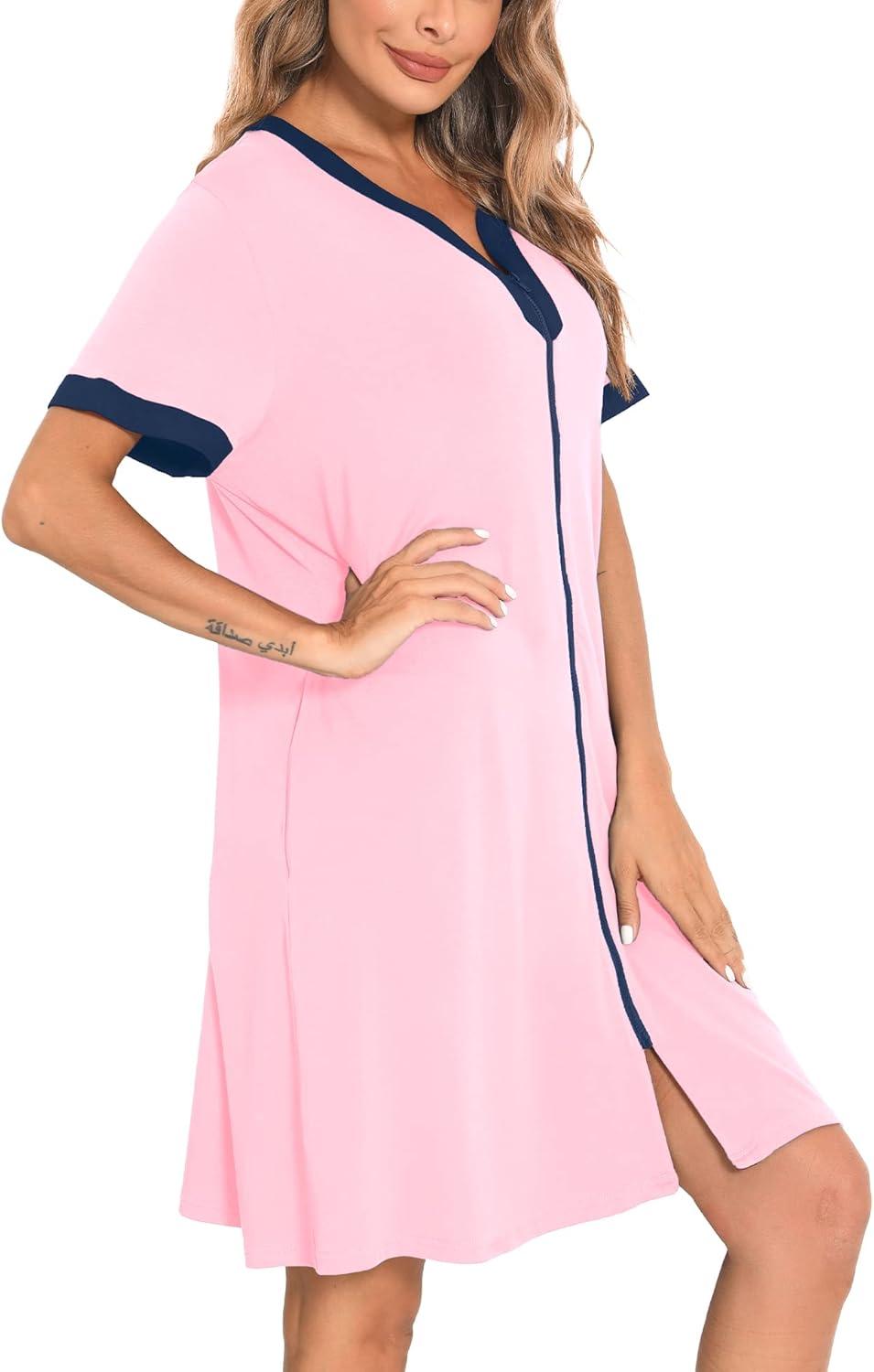 imageSWOMOG Women Zipper Front House Coat Short Sleeves Robe Zip up Bathrobes Short Nightgown with Pockets S3XLPink
