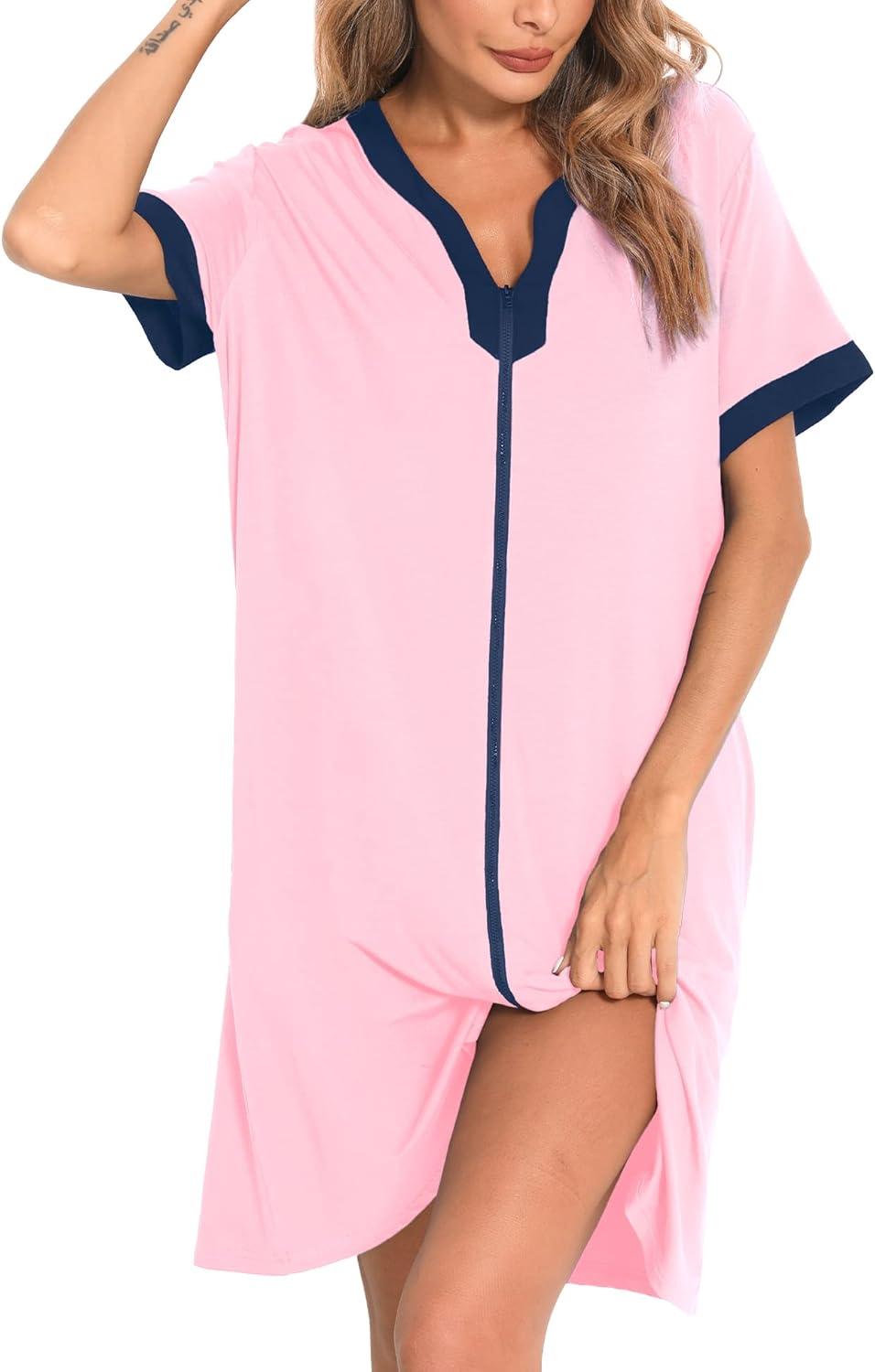 imageSWOMOG Women Zipper Front House Coat Short Sleeves Robe Zip up Bathrobes Short Nightgown with Pockets S3XLPink